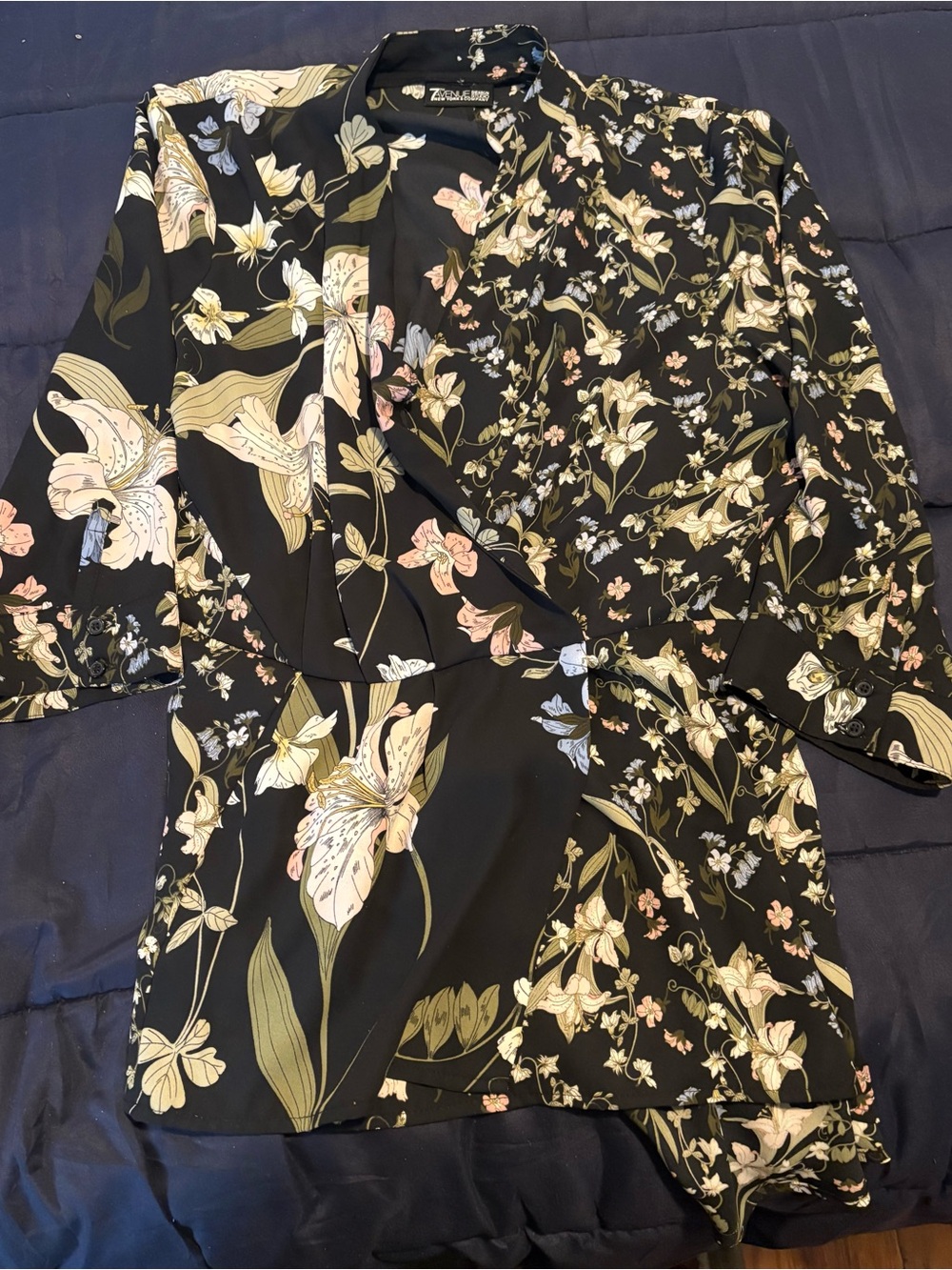 New York & Company Black Floral Wrap Blouse with Pastel Accents